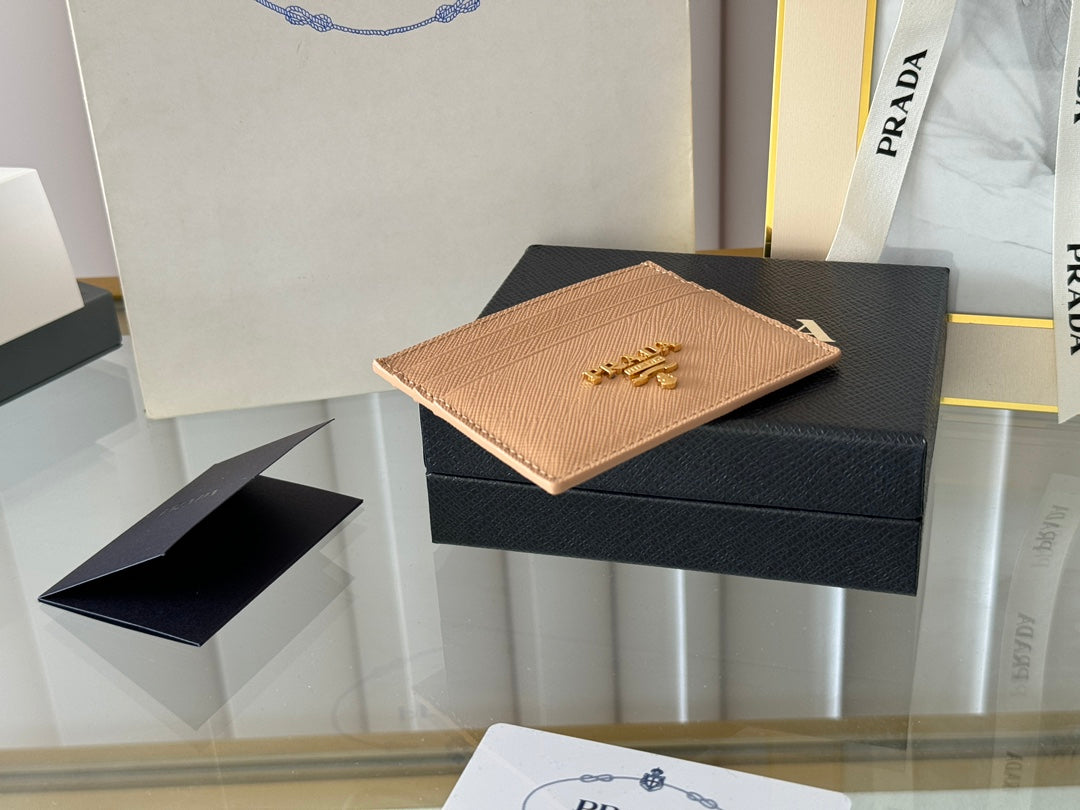 Pra Gold Logo-Stamp Card Holder Beige Saffiano Leather