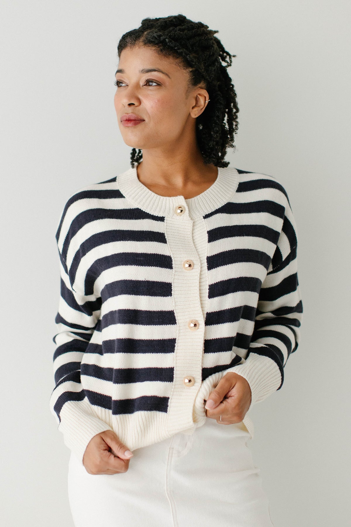 'Bobbi' Navy Stripe Button Down Cardigan