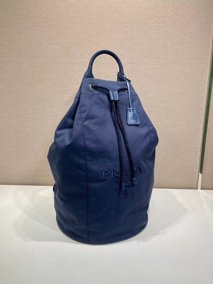 Prada 25s Drawstring Backpack 55 In Navy Blue Canvas Linen