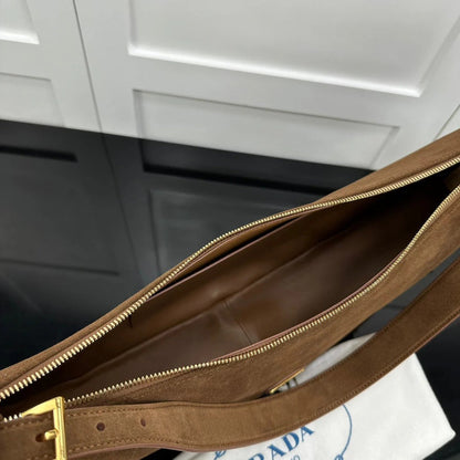 Prada 2026 Large Demi-Lune Shoulder Bag 42cm Brown Suede