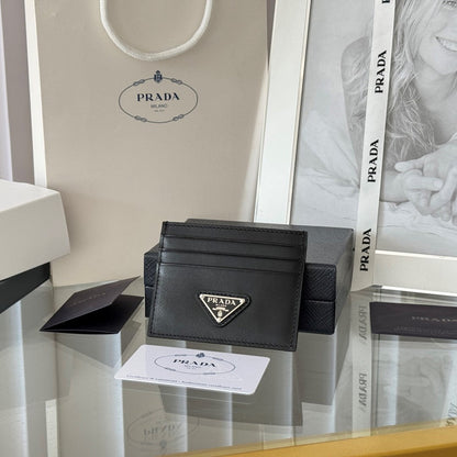 Pra Metal Logo-Plaque Card Holder Black Saffiano Leather