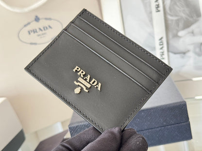 Pra Metal Logo-Stamp Card Holder Black Saffiano Leather