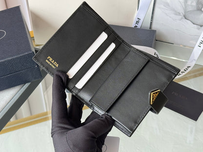 Pra 1MV204 Small Wallet Black Gold Tone Saffiano & Smooth Leather