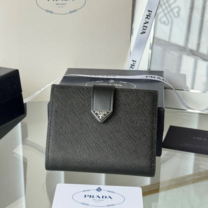 Pra 1MV204 Small Wallet Black Silver Tone Saffiano & Smooth Leather