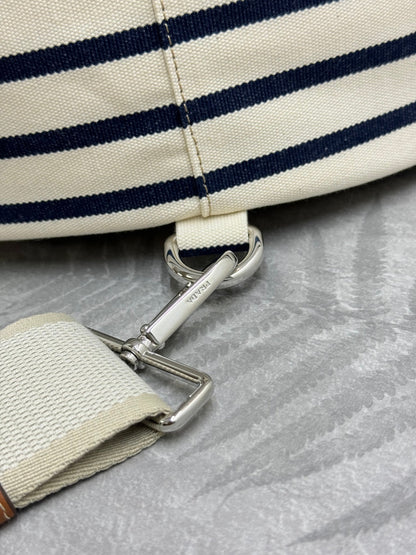 Prada 25s Drawstring Backpack 55 In Horizontal Stripes Canvas Silver Hardwre