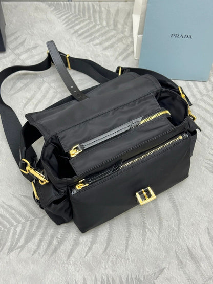 Prada 2026 Explore Shoulder Bag 30cm With Flap Black Re-Nylon